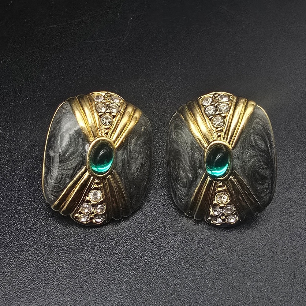 KJL Avon 1988 Duchess Collection Earrings Gray Enamel Gold Tone Rhinestone